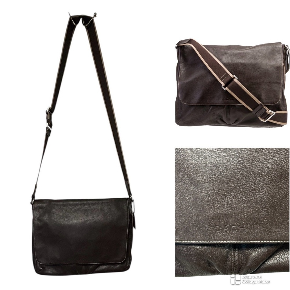 Coach Men's Heritage Web Brown Leather Messenger Bag with Adjustable Strap